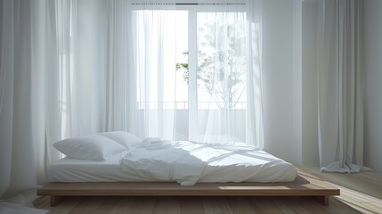 A minimalist Scandinavian bedroom featuring a platform bed, crisp white bedding, and a large window with sheer curtains