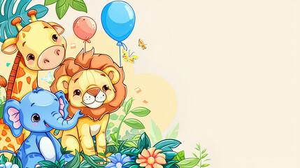 Obraz premium A children's illustration with cute African animals and balloons, a place for text.