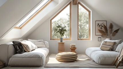 A Scandinavian attic conversion with skylights, low furniture, and cozy textiles to create a warm, inviting space