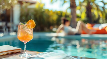 A close-up shot captures a refreshing cocktail on a table, with a woman leisurely reading a book in the background pool
