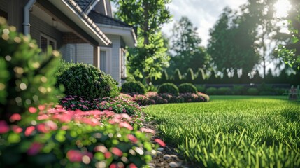 Perfect manicured lawn and flowerbed with shrubs in sunshine, on a backdrop of residential house backyard. hyper realistic 