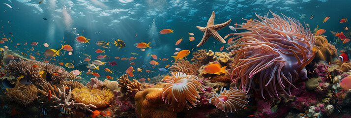 Vibrant underwater scene with starfish and sea anemone among colorful coral reef banner. Panoramic web header. Wide screen wallpaper