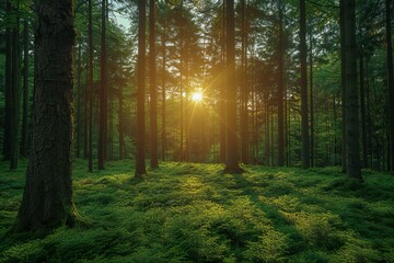 Illustration of the sunlight shines through tall trees in a green forest