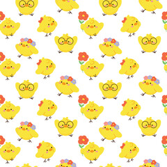 Cute Yellow Chick seamless pattern background vector. Animal hand drawn tile poster of duckling, duck, goose in pattern. Cartoon character creative design illustration for fabric, packaging, tiles.