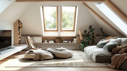 A Scandinavian attic conversion with skylights, low furniture, and cozy textiles to create a warm, inviting space