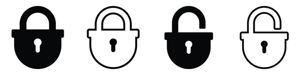 Lock icon collection. Locked and unlocked black line icon set. Vector illustration. Flat security symbol. white background. Set of Silhouette of locked and unlocked padlock.
