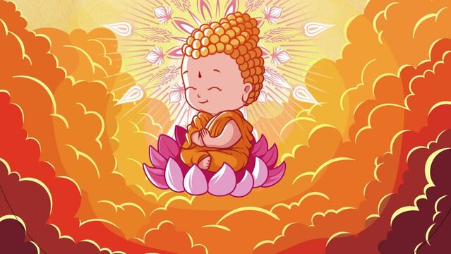 A social media animation short video of the little monks is meditating with a lovely smile, sitting on a lotus flower, yellow light flashing, surrounded by magical orange and white clouds.