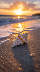 Seashell on sandy beach with wave at sunset, golden light reflecting on wet sand