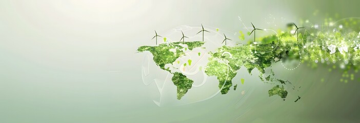 Green environment, world map and icons for ecofriendly sustainability,World Environment Day