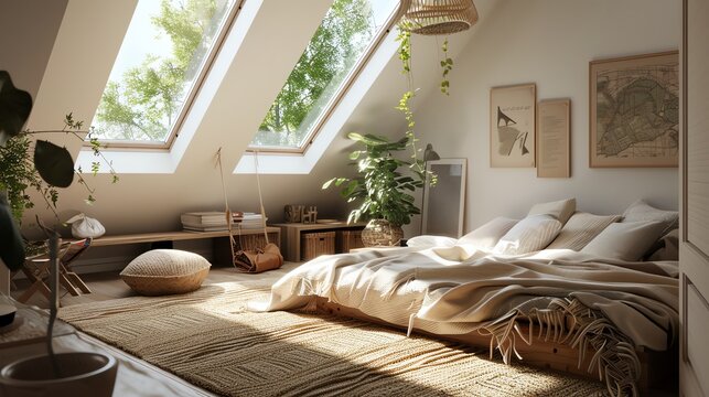 A Scandinavian attic conversion with skylights, low furniture, and cozy textiles to create a warm, inviting space