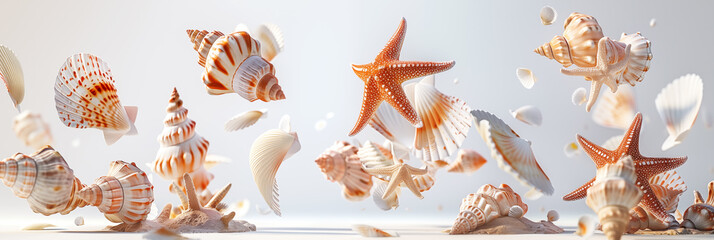 Collection of seashell and starfish levitating in mid-air on light background banner. Panoramic web header. Wide screen wallpaper