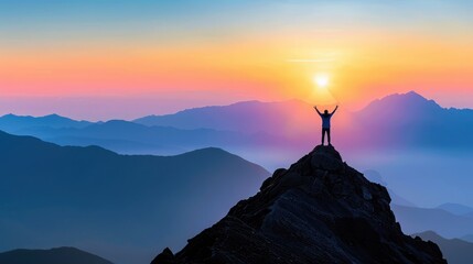 A person, standing with arms raised on a mountain peak at sunrise, embodies the success of achieving personal goals and resolutions in 2025. 2025 new year resolutions