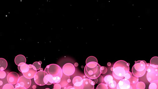 Circle bubles glow rose random size and moving with white stars on the black screen