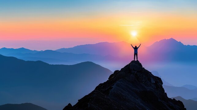 A person, standing with arms raised on a mountain peak at sunrise, embodies the success of achieving personal goals and resolutions in 2025. 2025 new year resolutions