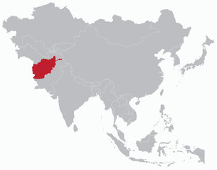 Highlighted red map of AFGHANISTAN inside grey detailed blank political map of Asia on light blue background, without the Middle East and Russia