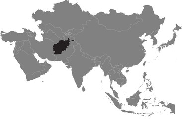 Highlighted black map of AFGHANISTAN inside dark grey detailed blank political map of Asia using orthographic projection on transparent background, without Russia