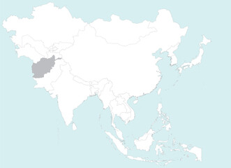 Highlighted grey map of AFGHANISTAN inside white detailed blank political map of Asia on blue background, without the Middle East and Russia