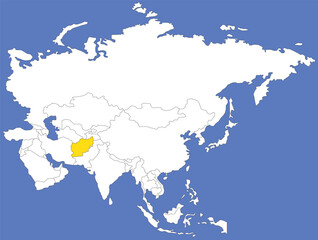 Highlighted yellow map of AFGHANISTAN inside white political map of Asia using orthographic projection on dark blue background