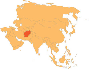Highlighted red map of AFGHANISTAN inside orange detailed political map of Asia using orthographic projection on transparent background