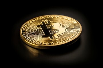 Bitcoin cryptocurrency, virtual money, blockchain technology. Golden coins on black background