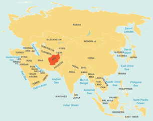 Fototapeta premium Highlighted red map of AFGHANISTAN inside orange detailed tagged map of Asia using orthographic projection on blue background