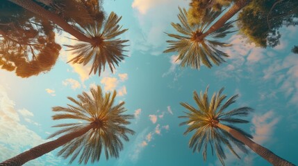 Fototapeta premium Smoothly moving infinite road with palm trees on both sides with a sunset sky in a bottom view Background. Green palm trees. Vertical video background, vertical video, hyper realistic 