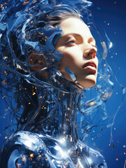 generated illustration of beautiful female robot with artificial intelligence against blue