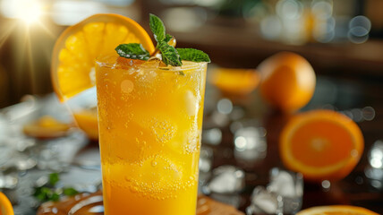 A glass of orange juice with mint garnish and sliced orange on a sunny table.