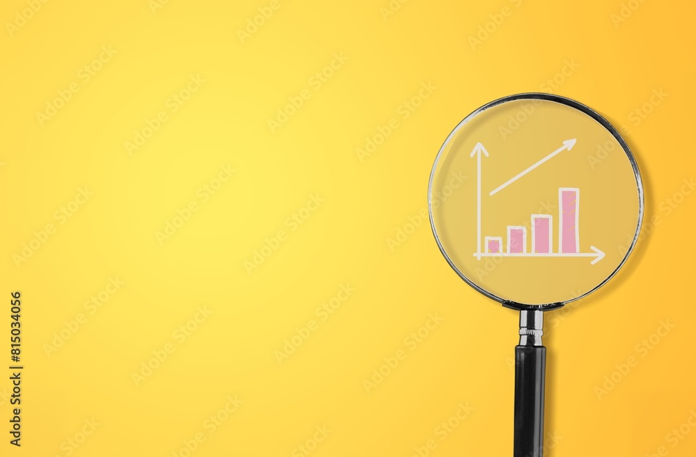 Poster trader graph in magnifier glass on background
