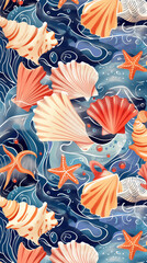 Colorful sea shells, starfish, and wave patterns on blue background