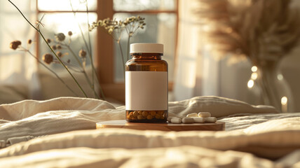 A medicine bottle and pills on a cozy, sunlit bed.