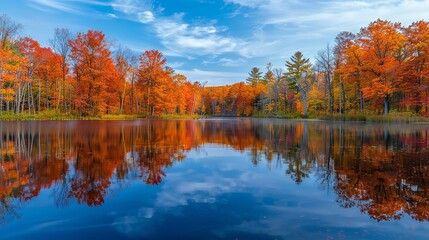 Obraz premium Serene lakeside view capturing the reflection of fall trees in the water from a low angle.