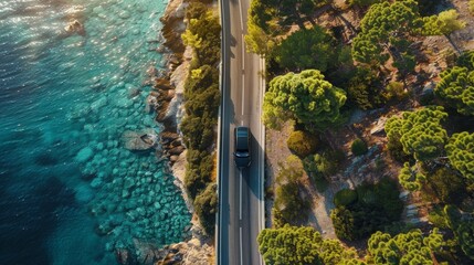 Top down view of an electric car driving on a road surrounded by the sea. Aerial photography created with Generative AI hyper realistic 