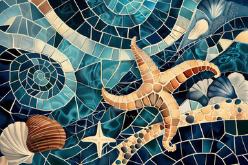 Detailed colorful mosaic depicting starfish, shells and swirling ocean patterns