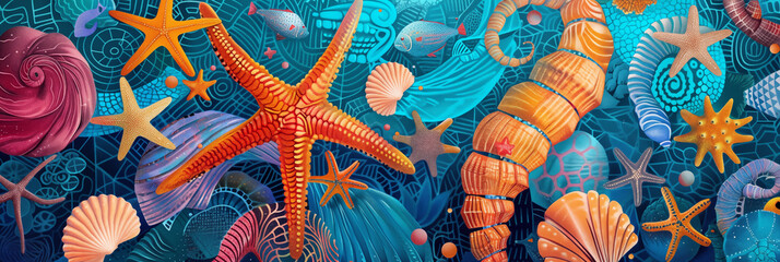 Marine life, starfish, shells and intricate patterns banner. Panoramic web header. Wide screen wallpaper