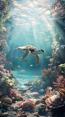 Sea turtle swimming among colorful coral reef and sunbeam filtering through water