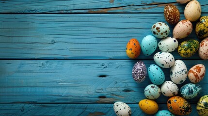 Obraz premium Antique Easter eggs displayed against a blue wooden backdrop