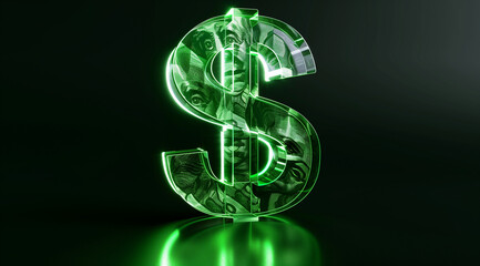 Obraz premium 3d dollar sign made of glass, green light on black background, low angle shot, front view