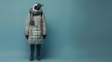 Penguin Head With Human Clothing in a Blue Background Generative Ai