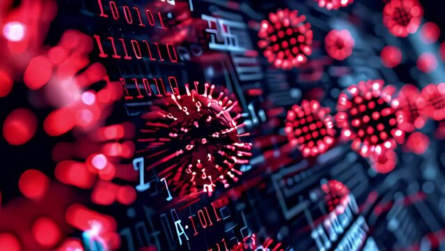 A menacing red-colored computer virus that infiltrates the binary program code consisting of zeros and ones, disrupting digital systems and compromising data security