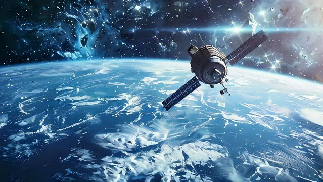 Satellite orbiting the planet earth against a starry sky.