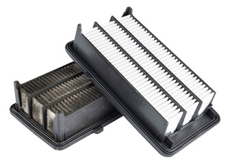 Car engine air filter. Replace one old, dirty air filter on brand new. Car air cleaning spare...