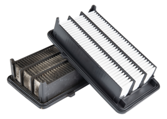 Car engine air filter. Replace one old, dirty air filter on brand new. Car air cleaning spare parts. Protect car engine. Auto parts store. High quality photo. Auto repair shop. Isolated background. 