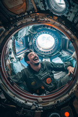 Astronaut floating inside cosmic cupola module, offering breathtaking view of Earth from space. Dressed in flight suit astronaut floats in microgravity surrounded by station's functional equipment.
