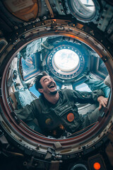 Obraz premium Astronaut floating inside cosmic cupola module, offering breathtaking view of Earth from space. Dressed in flight suit astronaut floats in microgravity surrounded by station's functional equipment.