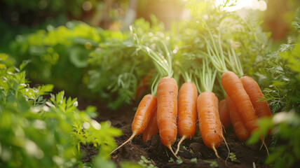 Freshly harvested organic carrots in a garden with sunlight.
