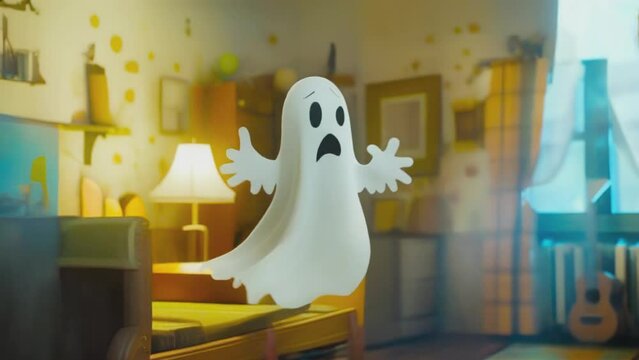 A stupid white ghost flies around in the evening. Halloween horror concept.