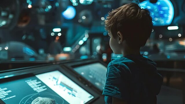 The child studies the exhibits of the space science museum with curiosity. children's cognitive interest in astronomy and space exploration.