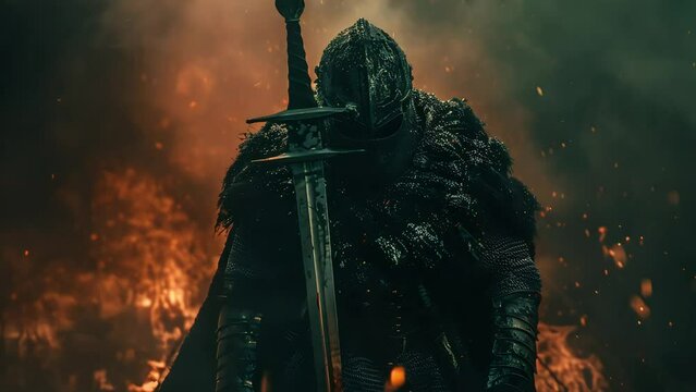 An antique knight in dark armor and helmet, bent over a sword against a background of fire and smoke.