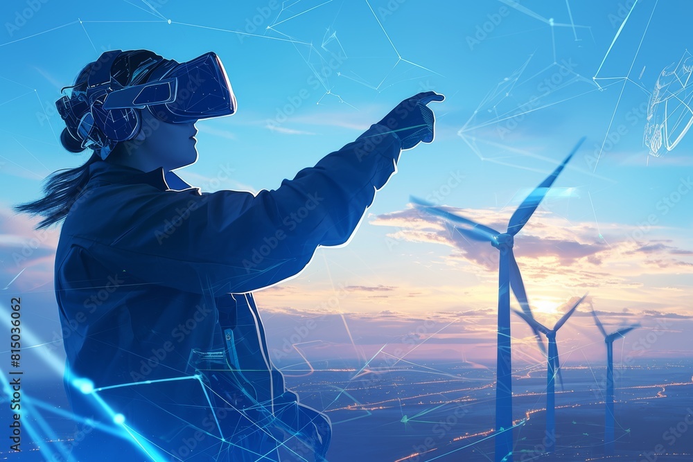 Poster female engineer using vr technology to optimize wind turbine efficiency